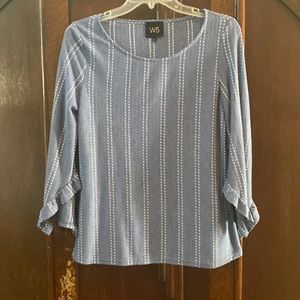 W5 Scoop neck blouse. Medium blue with white vertical stitching.
